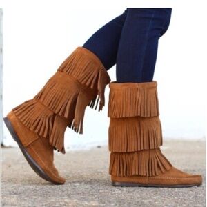 Brown Suede Western Boho  Moccasin 3-Layer Fringe Boots Sz 9